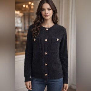 VENUS Black Fuzzy Button-Front Cardigan with Gold Buttons